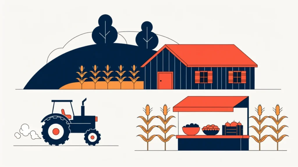 American family farm with a red barn, corn fields and a market stall