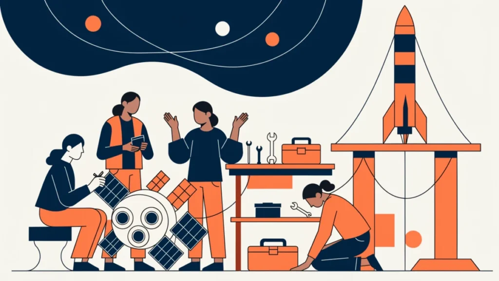 Indian startup team building a satellite with a rocket behind, illustrating starting a space company in India