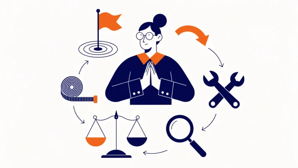 Six-step control cycle from standards to feedback, illustrating the controlling process