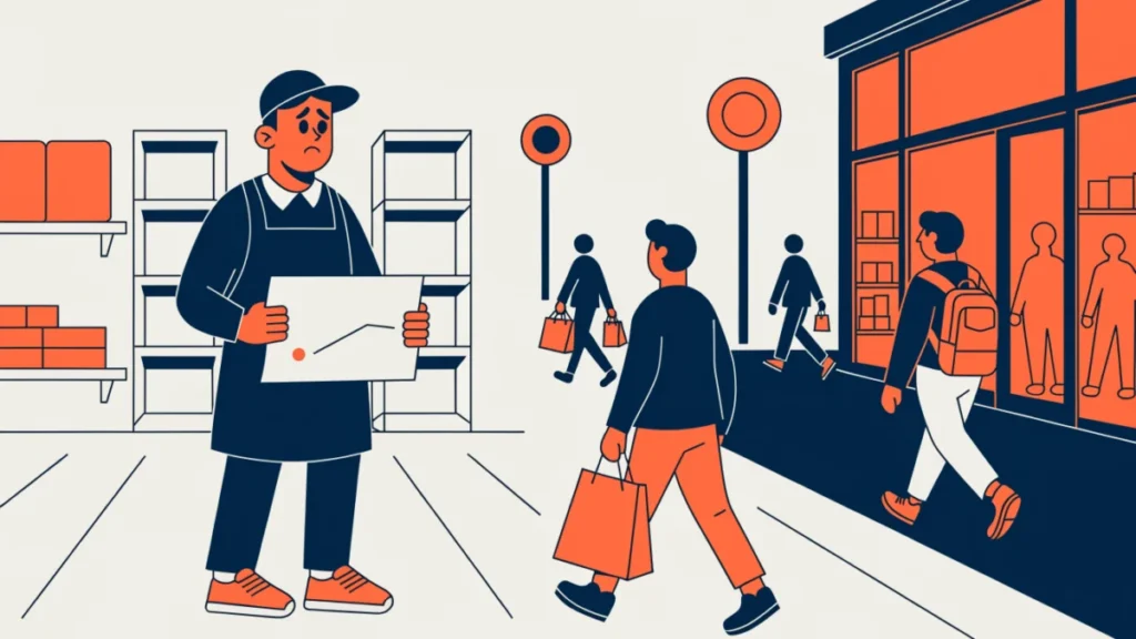 Supermarket owner looking at flat sales while customers go to a rival store