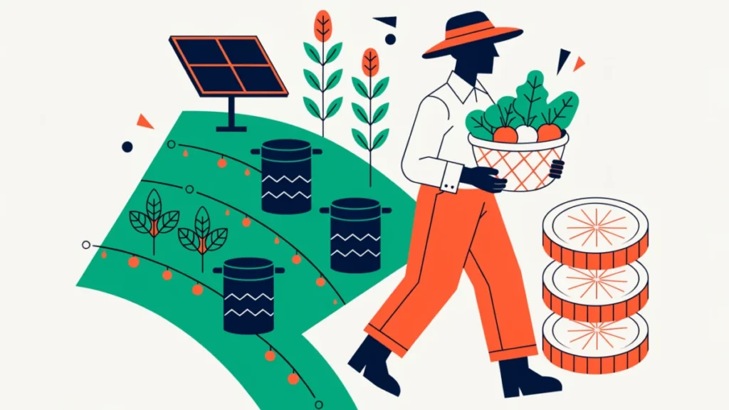 Farmer in green fields with drip irrigation and solar panels beside rising coins