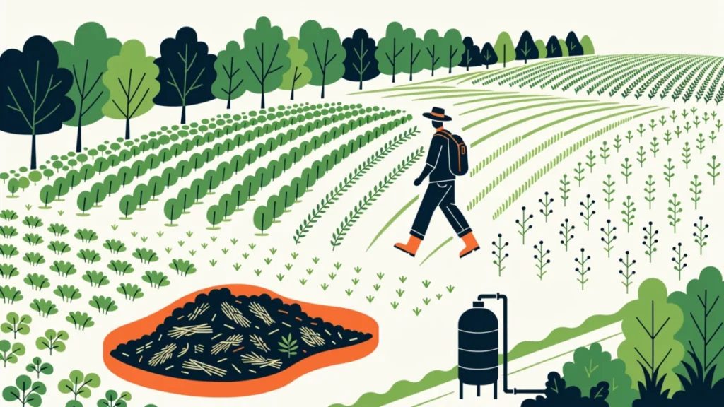 Farmer among mixed crops, cover crops and a rainwater tank, illustrating sustainable agriculture
