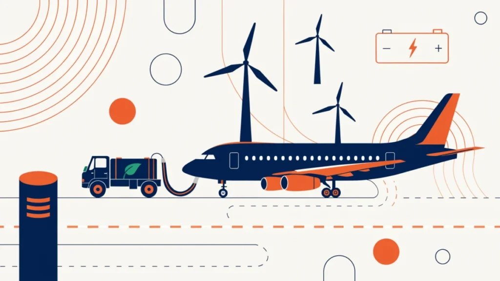 Passenger jet refuelling with sustainable fuel beside hydrogen, battery and wind power icons