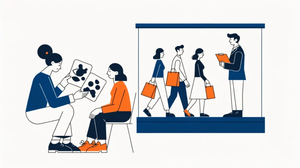 Researcher showing picture cards to a consumer, illustrating motivation research techniques