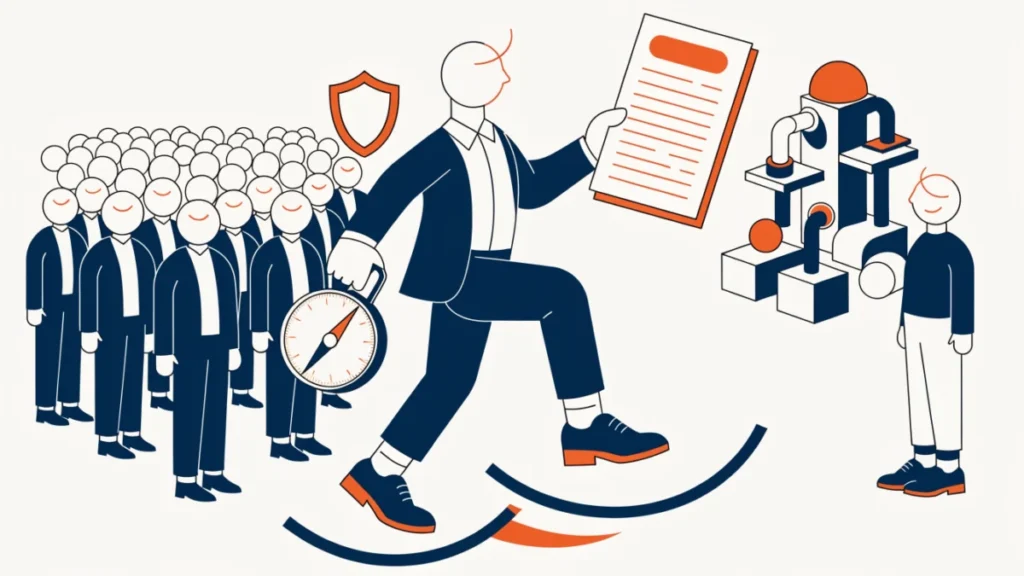 Entrepreneur stepping forward from a crowd with a plan and compass, illustrating entrepreneurial behaviour