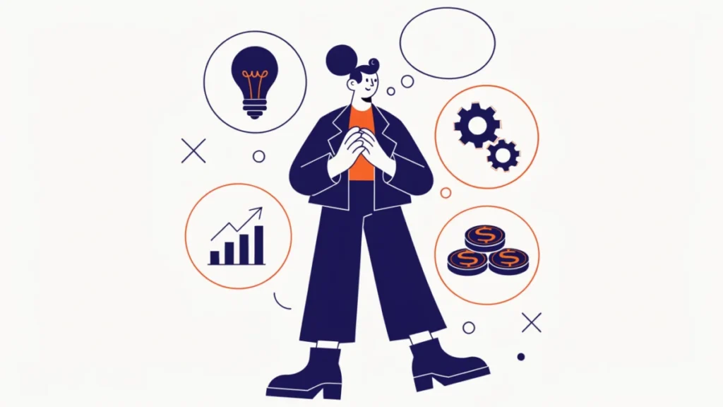 Entrepreneur surrounded by ideas, gears and growth chart illustrating theories of entrepreneurship