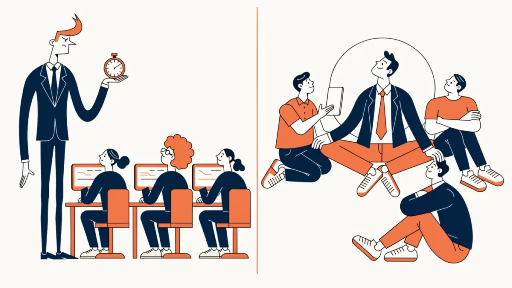 Strict supervisor with a stopwatch beside a collaborative leader with a motivated team
