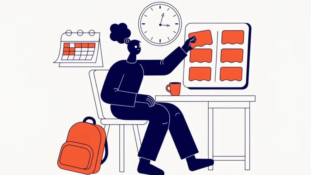 Entrepreneur moving the top-priority task card beside a large clock