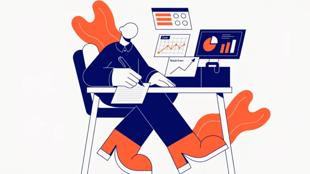 Accountant with a toolbox of budgets, cost and break-even charts, illustrating management accounting tools