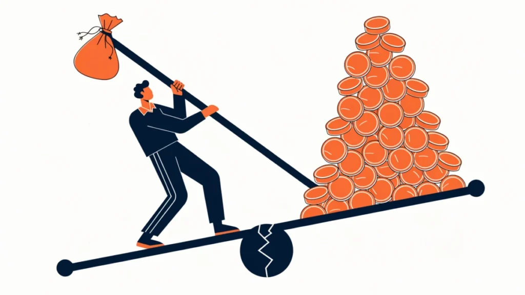 Lever using a small bag of borrowed money to lift a larger pile of profit