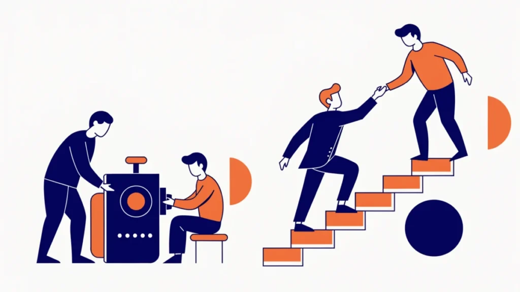 Trainer teaching a machine skill beside a mentor guiding a manager up a career staircase