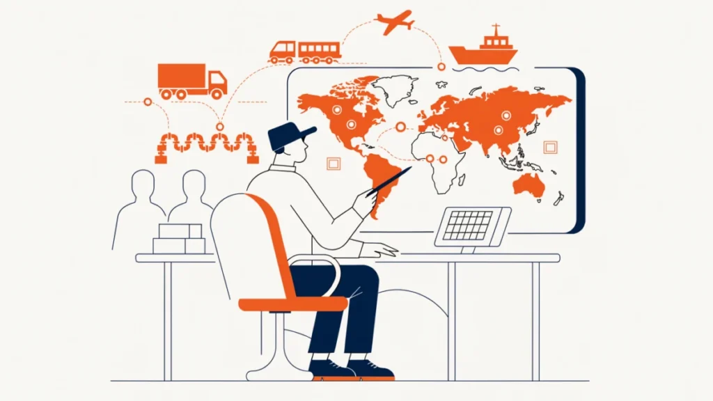 Logistics manager tracking road, rail, sea and air routes, illustrating transportation management