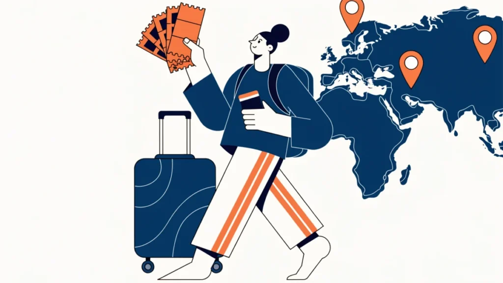 Tourist with paper travel cheques beside a prepaid travel card, illustrating travellers cheques