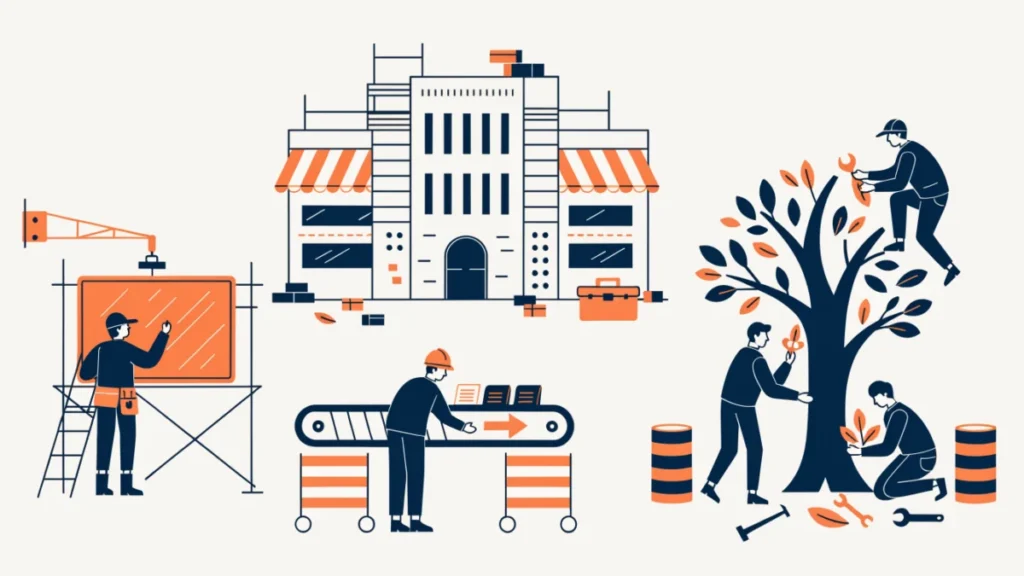Company building under renovation with digital, supply chain and culture work zones