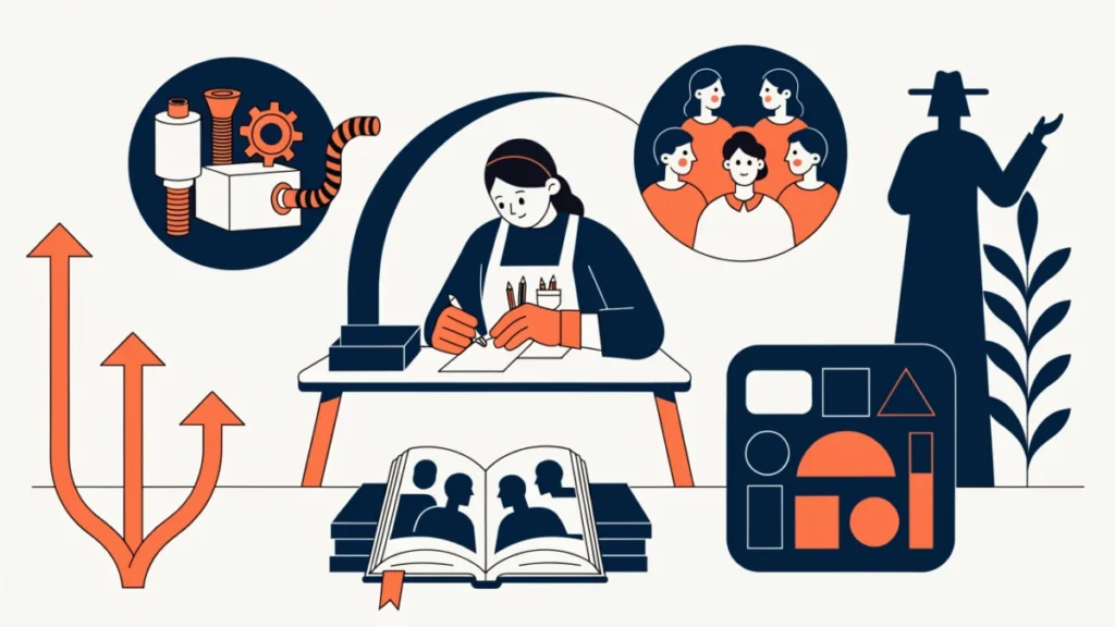 Entrepreneur surrounded by branching ideas, frugal gadgets and design symbols, illustrating types of creativity