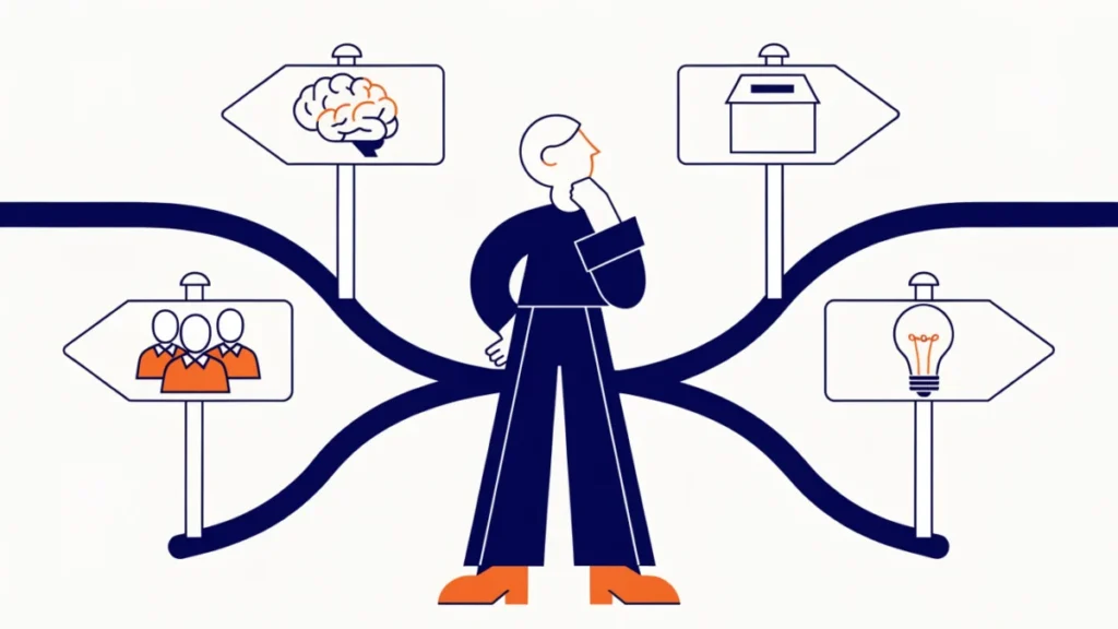 Manager at a crossroads of decision-making signposts