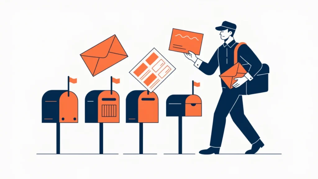 Postman delivering postcards, letters and catalogues to mailboxes