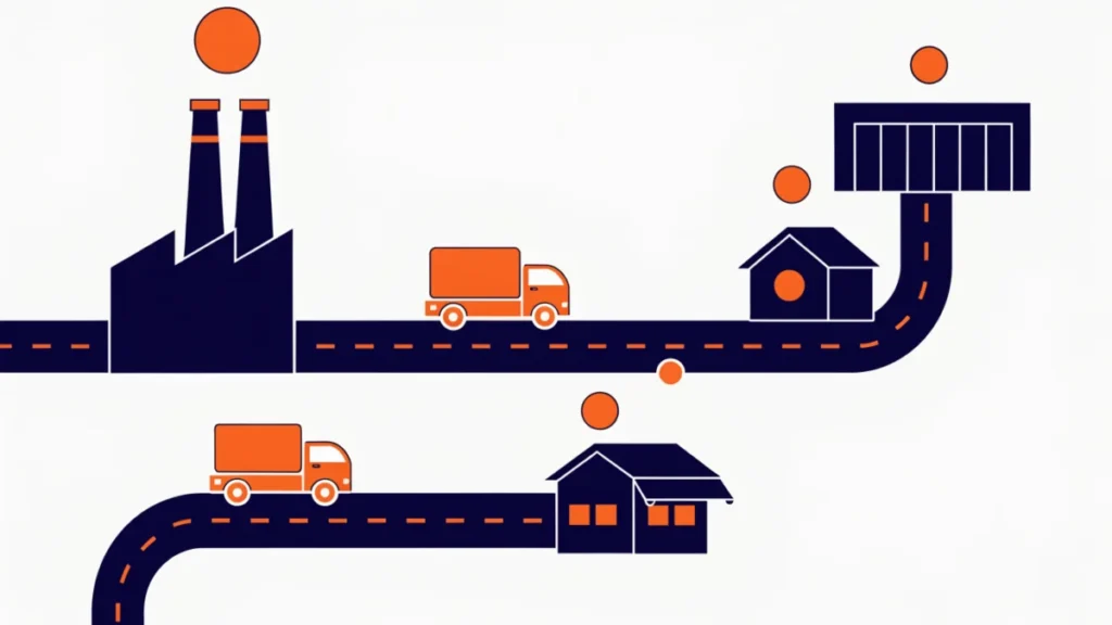 Factory sending products along direct and indirect roads to customers