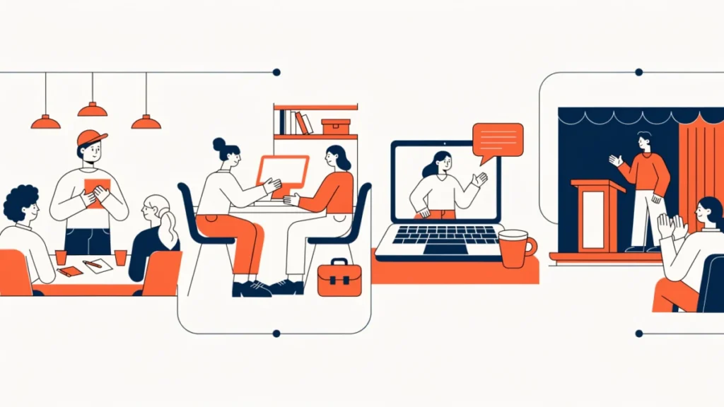 Workshop, incubator, online course and pitch stage panels, illustrating types of EDPs