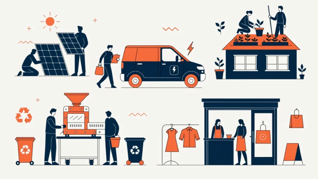 Solar installer, electric van, rooftop farm and recycling shop, illustrating types of green entrepreneurship
