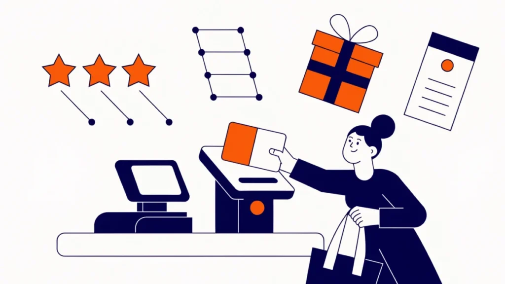 Shopper scanning a loyalty card with points, tiers and rewards around