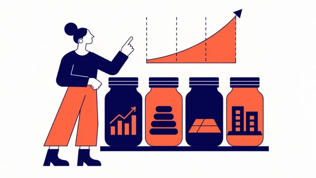 Investor choosing between jars of stocks, bonds, gold and property