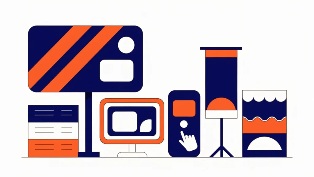 Wall of billboard, print, TV, mobile and trade show ads, illustrating types of advertising