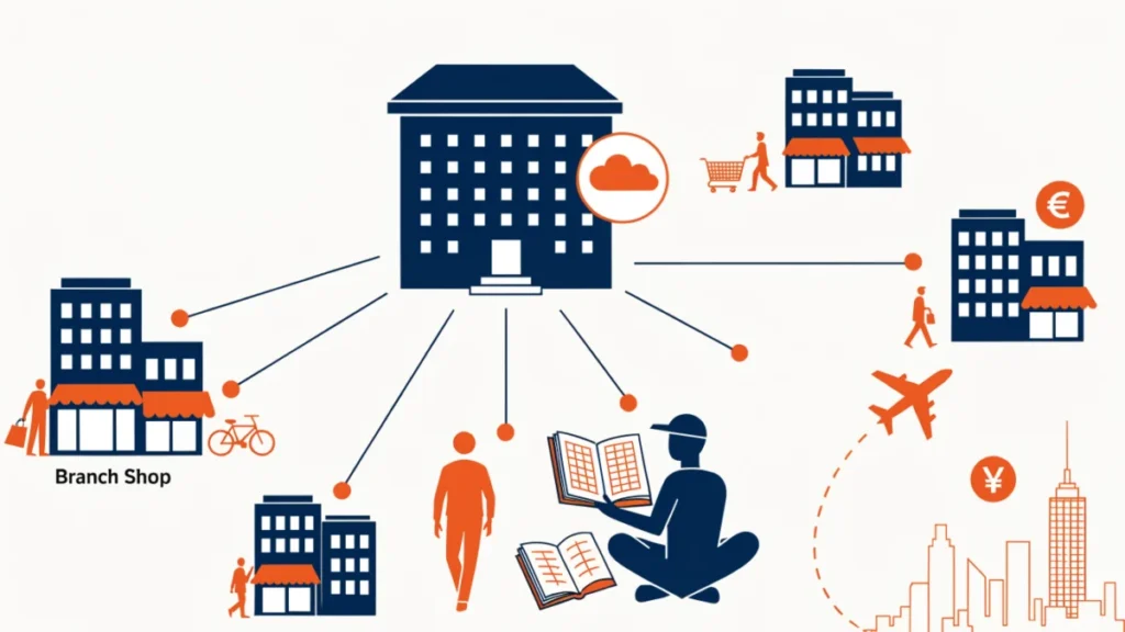 Head office linked to local and foreign branches, illustrating branch accounting