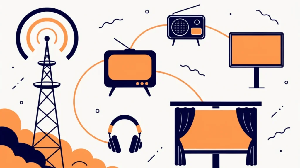 Broadcast tower reaching TV, radio, podcasts and cinema, illustrating broadcast media advertising