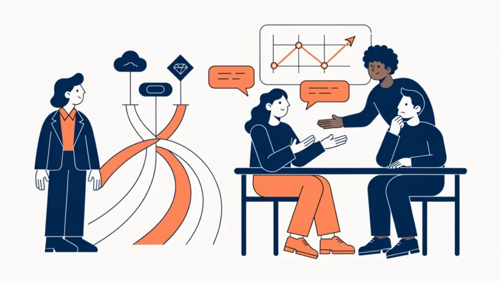 Manager at a crossroads with a team and data chart, illustrating types of decision-making