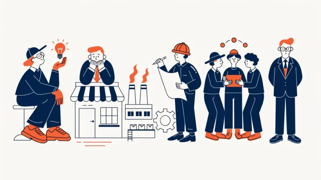 Lineup of innovative, cautious, cooperative and government entrepreneurs, illustrating types of entrepreneurs