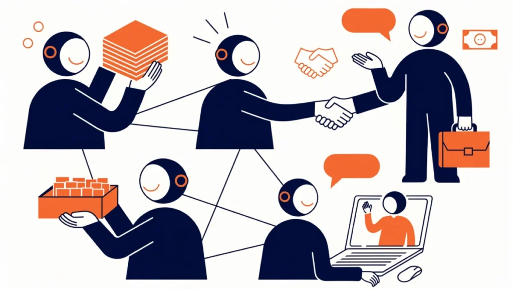 Entrepreneurs linked by handshakes, investors and video calls, illustrating business networking