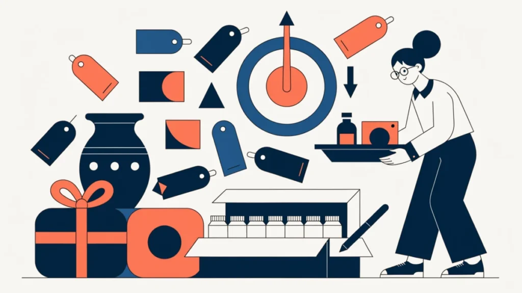 Store owner arranging products with different price tags, bundles and a price dial