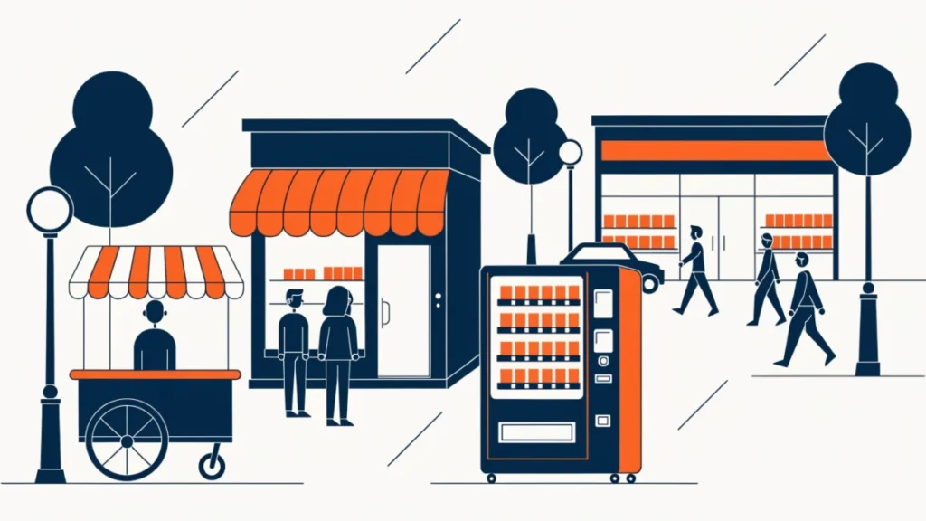 Market street with a hawker cart, corner shop, vending machine and supermarket
