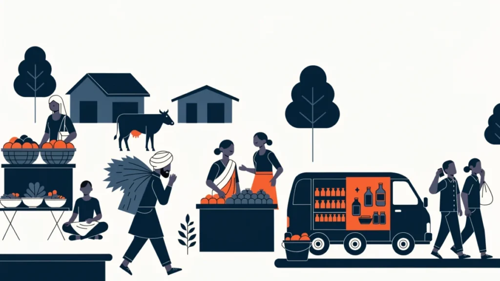 Village market with farmers, a promotional van and a villager on a phone, illustrating types of rural marketing