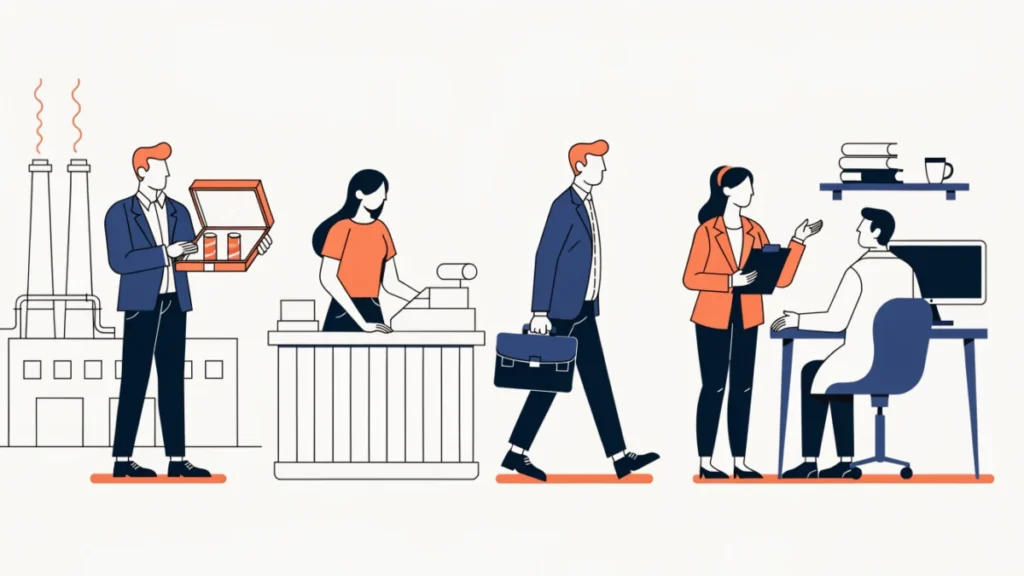 Factory rep, shop assistant, field salesman and medical rep side by side, illustrating types of salesmen