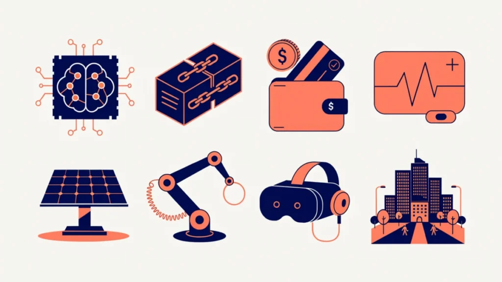 AI, blockchain, fintech, health and clean energy startup icons, illustrating types of technopreneurship