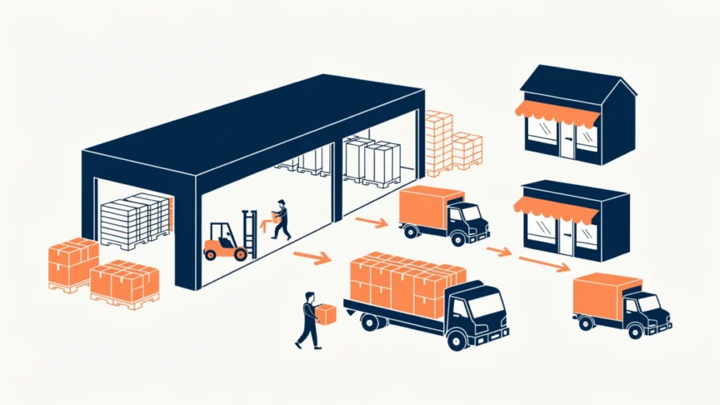 Wholesale warehouse loading bulk cartons onto trucks for small shops