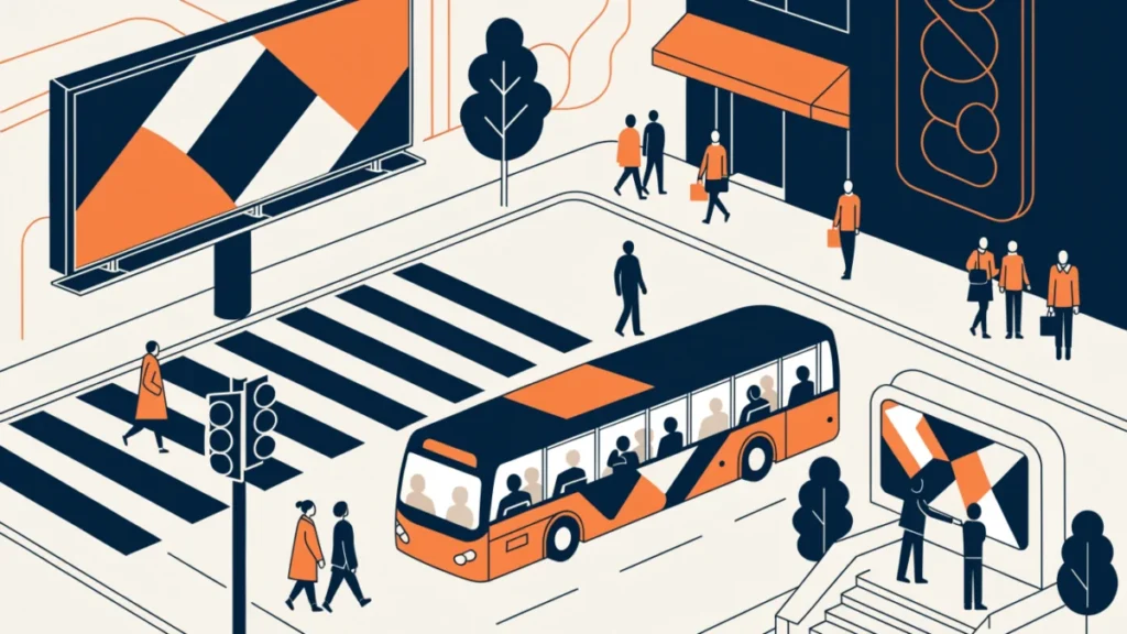 City street with a billboard, neon sign, wrapped bus and metro screen