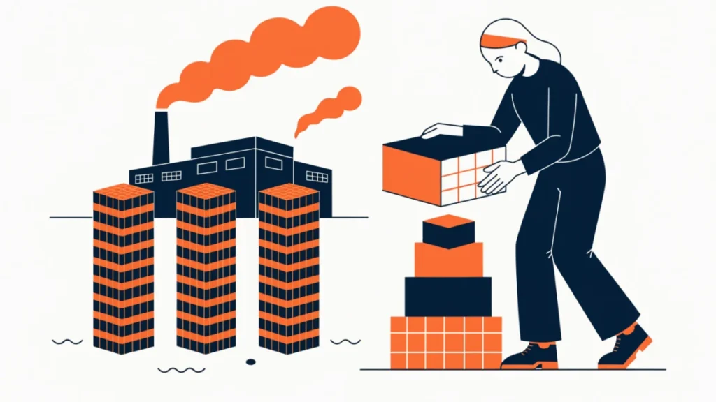 Brick factory with a layered cost tower to cost per unit, illustrating unit costing