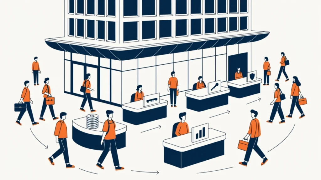 One bank with savings, loans, investment and insurance counters, illustrating universal banking