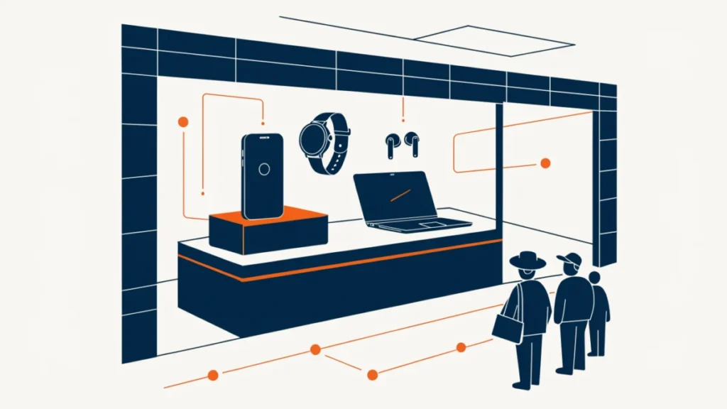 Premium tech store with connected devices and queuing customers, illustrating a successful tech ecosystem