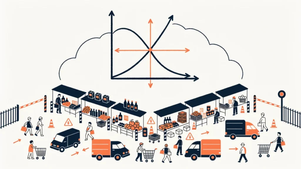 Textbook graph floating above a real branded market, illustrating why perfect competition does not exist