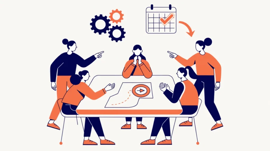 Leadership team at a planning table with a roadmap and meshing gears, illustrating why planning matters