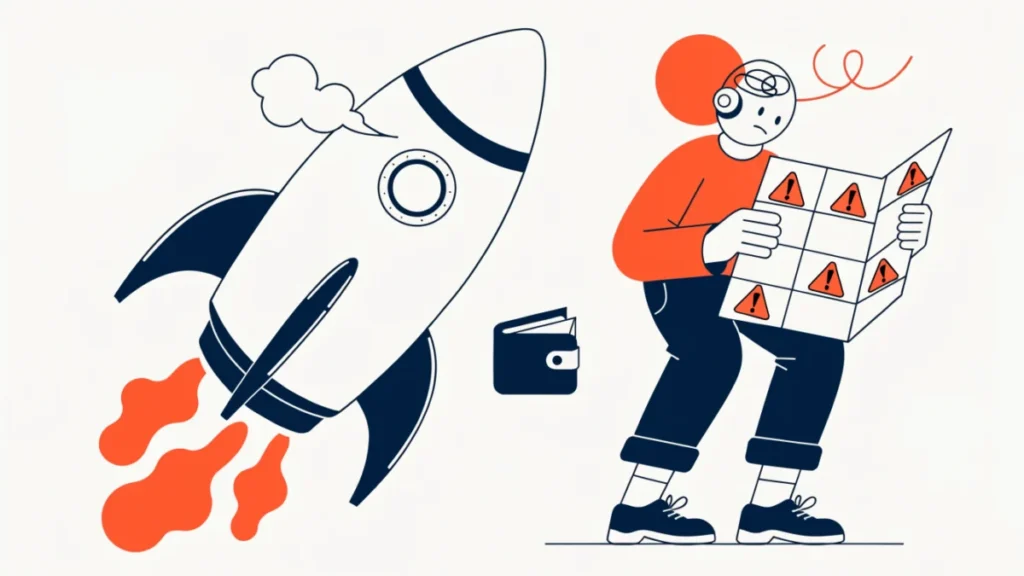 Startup rocket falling with an empty wallet fuel gauge