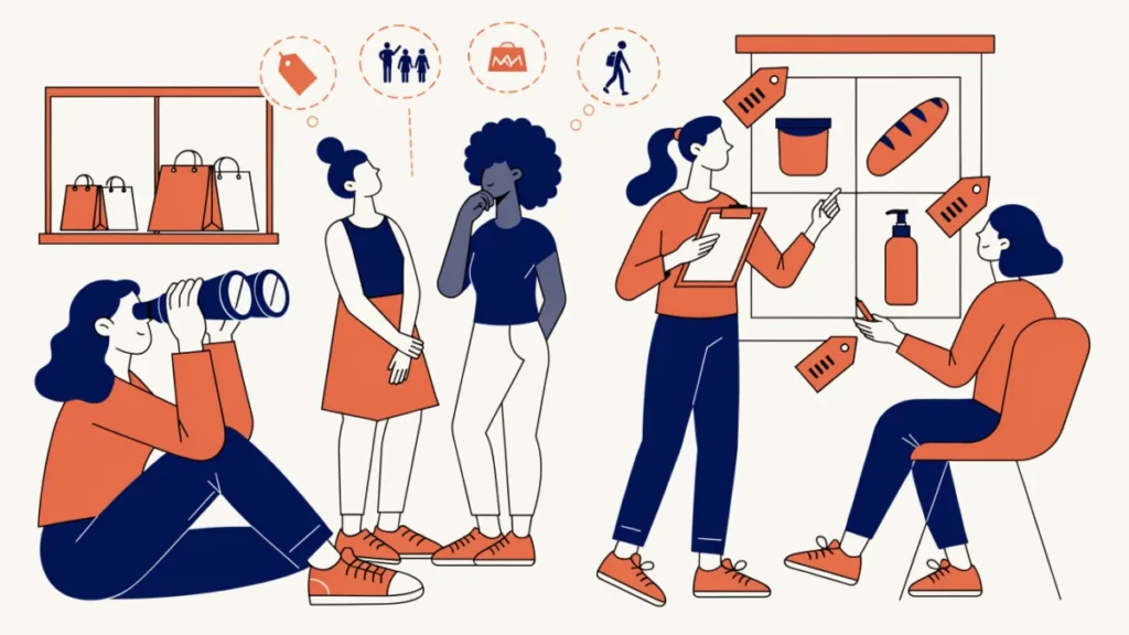 Researcher observing shoppers with thought bubbles about price and brand, illustrating consumer behaviour study