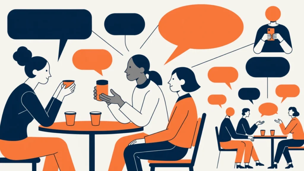 Friends at a café passing on a product recommendation that spreads to others