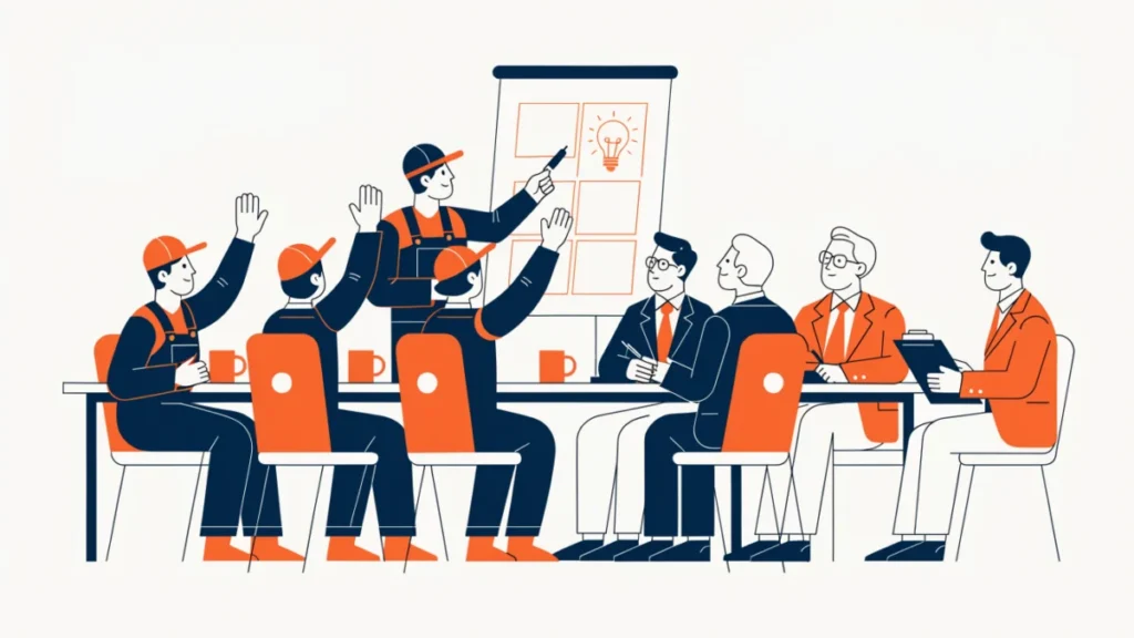 Workers and managers sharing ideas at a boardroom table